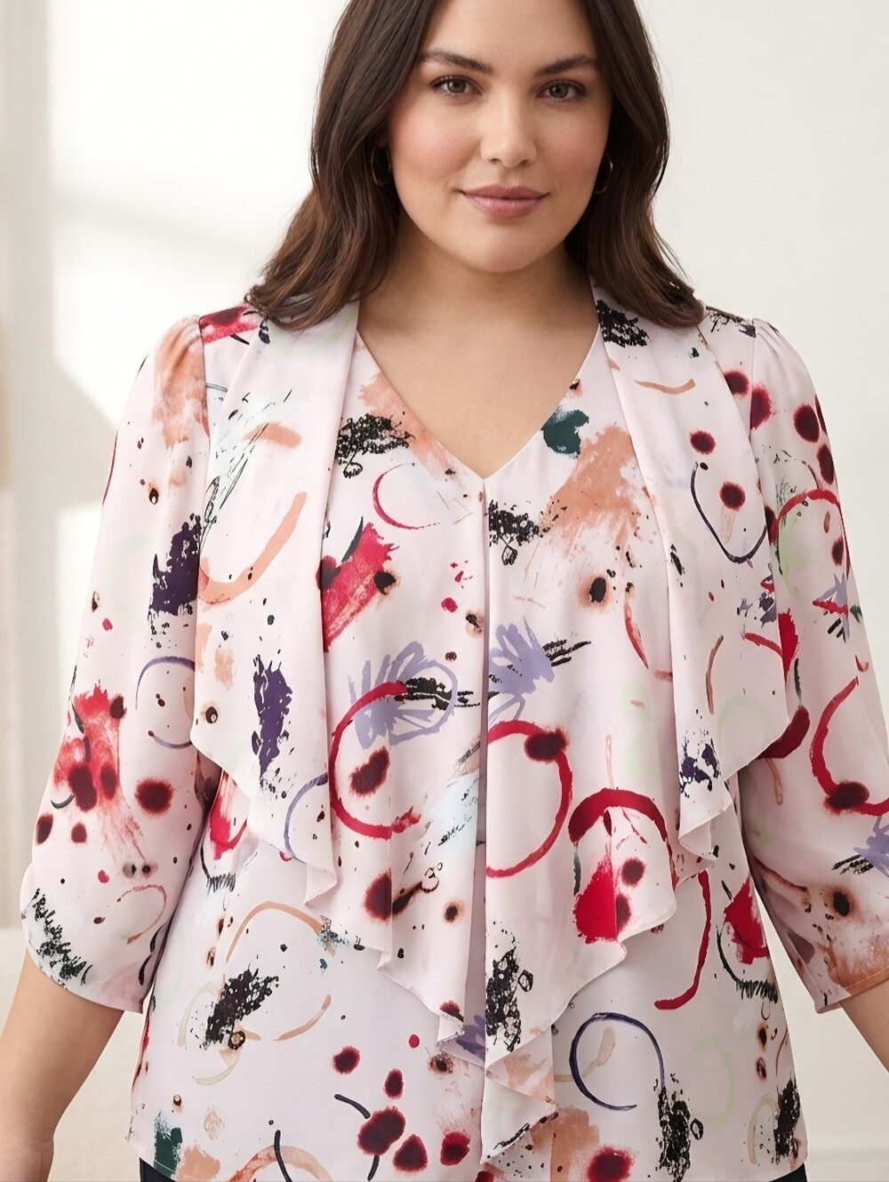 Melissa McCarthy Seven7 Watercolor Drape Front Blouse - White, Red, Purple, Tan